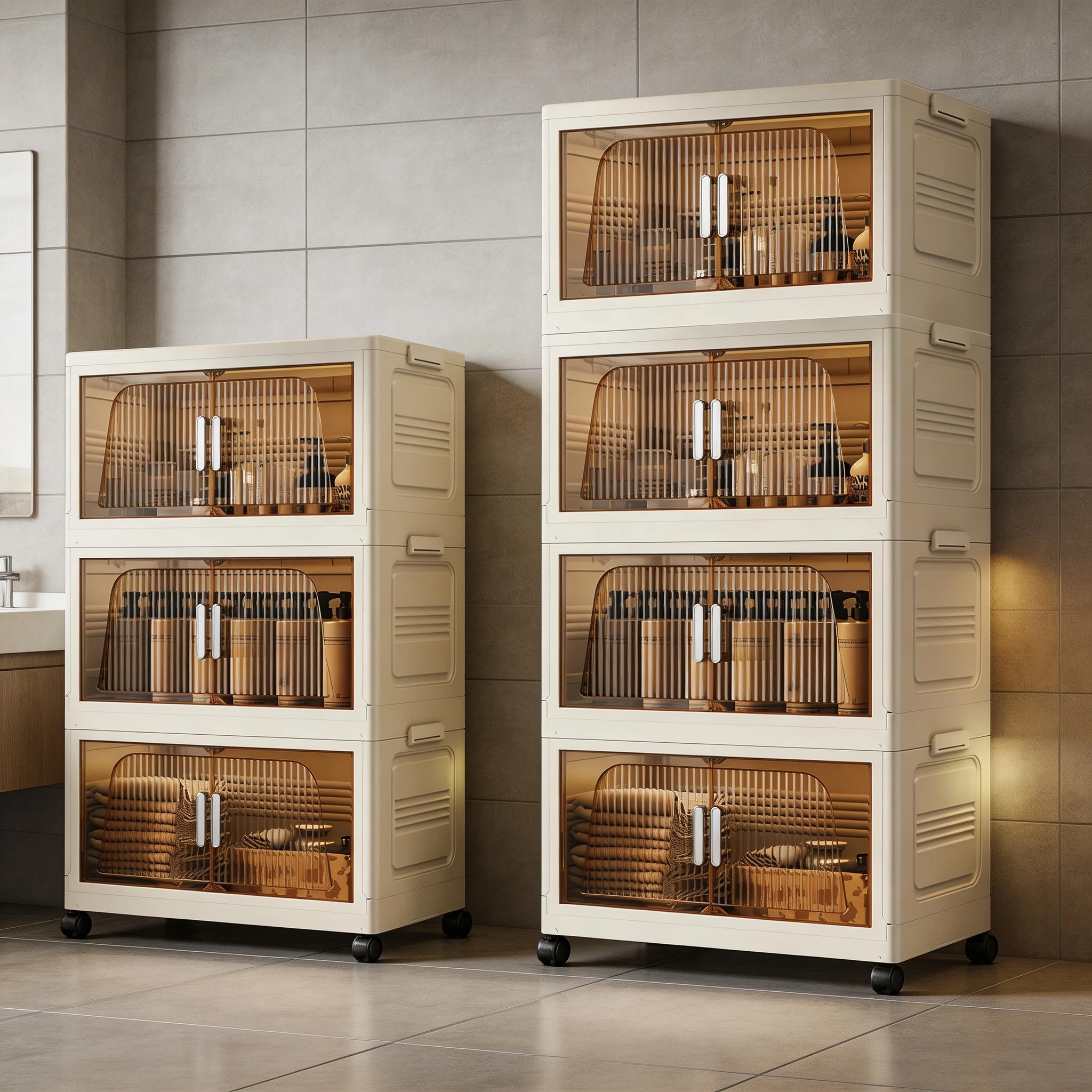 Armoire de rangement pliable transparente à double porte, boîte de rangement peu encombrante, organisateur mobile, anti-poussière et anti-humidité pour le salon