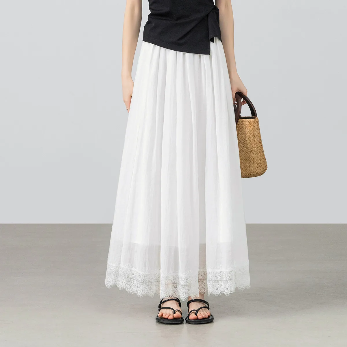

SENTUBILA Women White Maxi Skirt 2026 Summer Lace Hem A-Line Loose Flowy Chiffon Long Skirt Elegant Casual Skirt 161QG4954