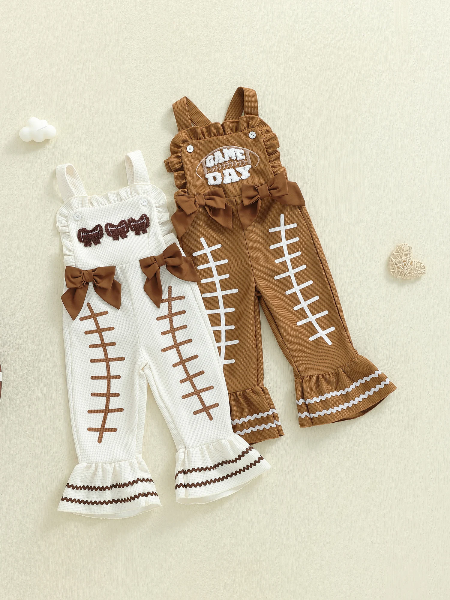 

Adorable Infant Girls Rompers with Stylish Flare Delicate Bow Detail and Playful Rugby Embroidery Sleeveless Ruffle Overalls