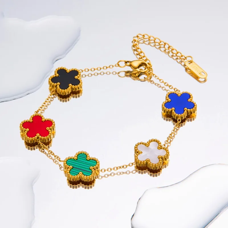 1Pc Trendy Five Leaf Flower Bracelet Copper Zircon For Woman On Party Wedding Fashion Cute Style With Colorful Adjustable Chain image 6