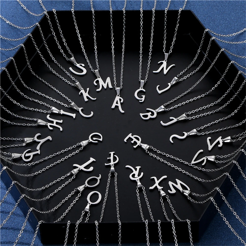 26Pcs/Lot Fashion Lucky Letters Rhinestone Stainless Steel Necklace for Men Women Trendy Jewelry Accessories Party Gifts