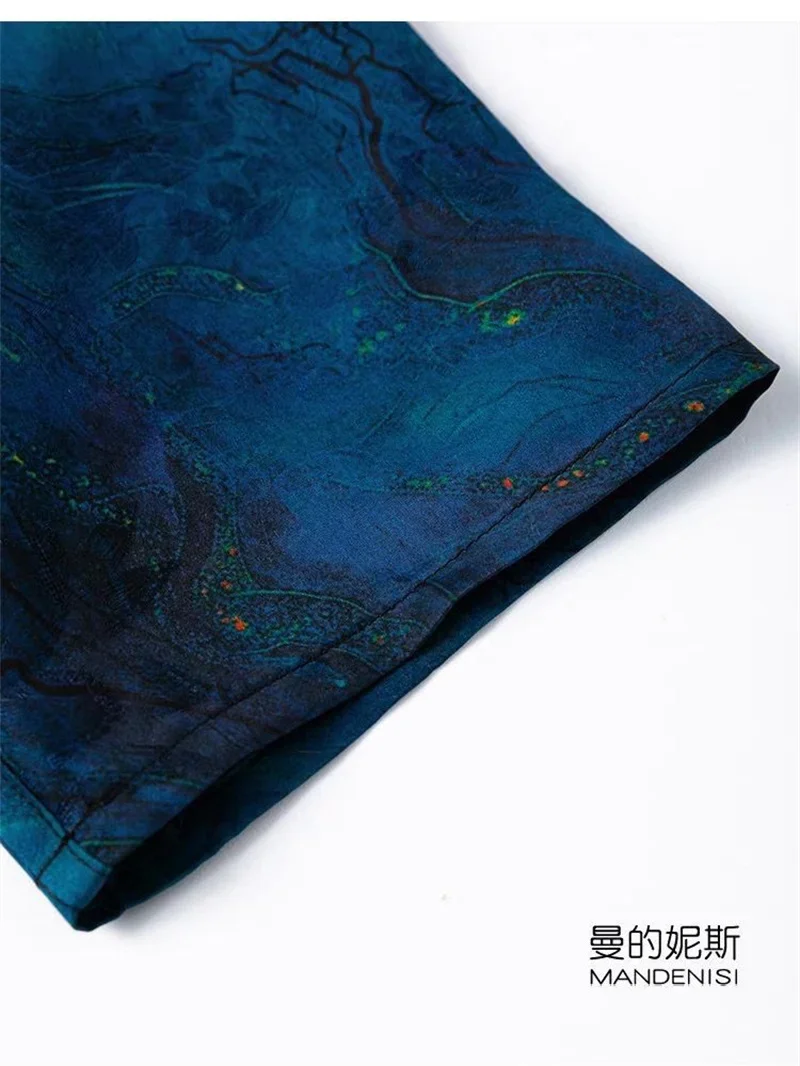 2025 New Summer Blue Floral Print Split Long Blouse Women Chinese Style Stand Collar Long Sleeve Womens Shirt Buttons Tops