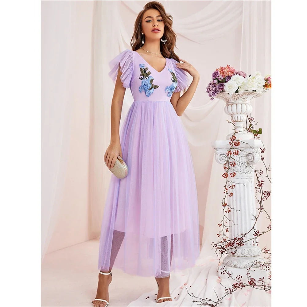 Einfarbig V-ausschnitt Kurzarm Midi Kleid Frauen Sommer Sommerkleid Elegante Süße Hochzeit Fee Stil Party Kleider Applikationen Kleid