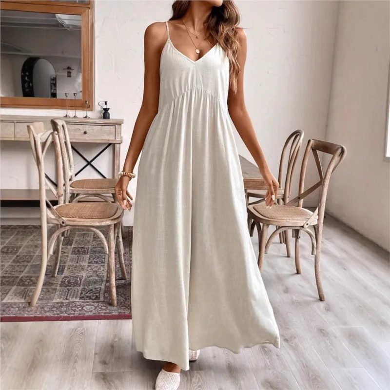

Women's Suspender Long Dress Solid Color Cotton and Linen Loose Casual Backless Lace-up Bowknot A-Spoke Dresses For Women