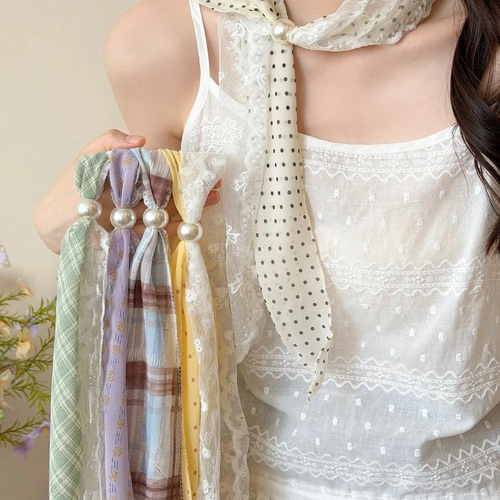 Multifuctional Geometric Pattern Belt Lace Thin Waist Accessories Colorful Design Pearl Polka Dot Chiffon Scarf