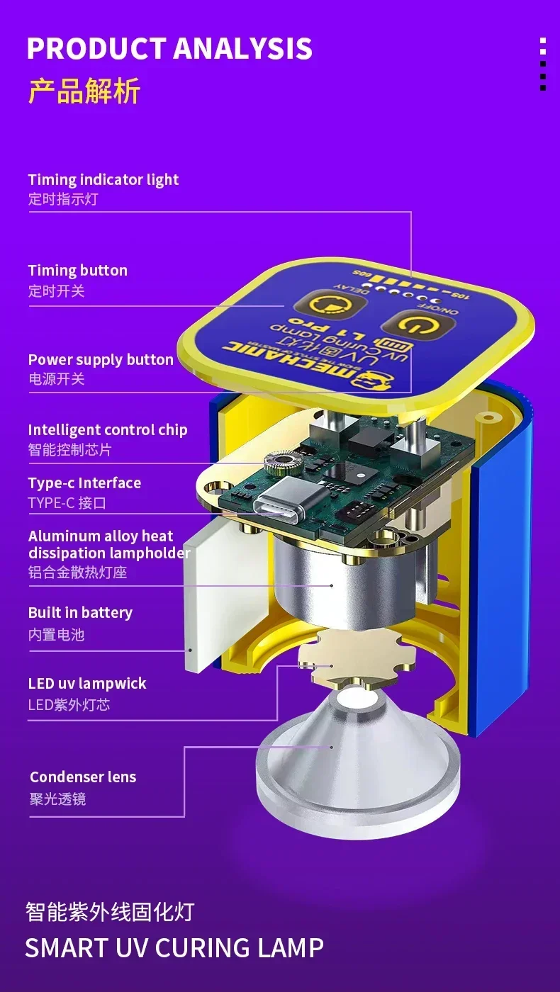 Imagem -05 - Mecânico l1 Pro Smart Lâmpada de Cura uv Lâmpada Dupla Inteligente Ferramenta de Reparo de Cura Rápida Oca Máscara de Solda Óptica Cola de Resina de Óleo