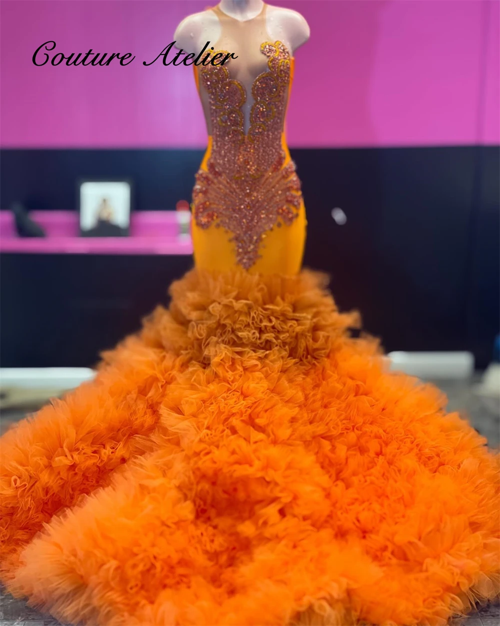 

Vivid Orange Tulle Ruched Train Prom Dresses Black Girls Beaded Rhinestone African Wedding Party Dress Mermaid robes Customized