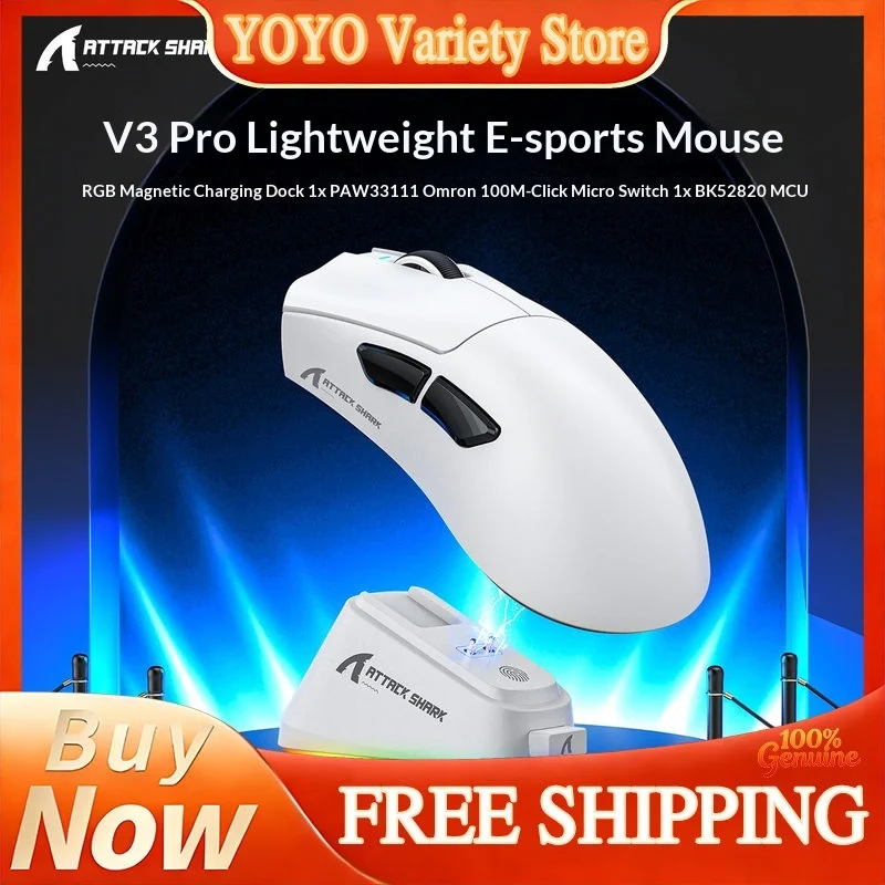 

Attack Shark V3PRO Lightweight Wireless Bluetooth Gaming Mouse RGB Charging Dock PAW3311 Omron Switches For Valorant DeltaGamers