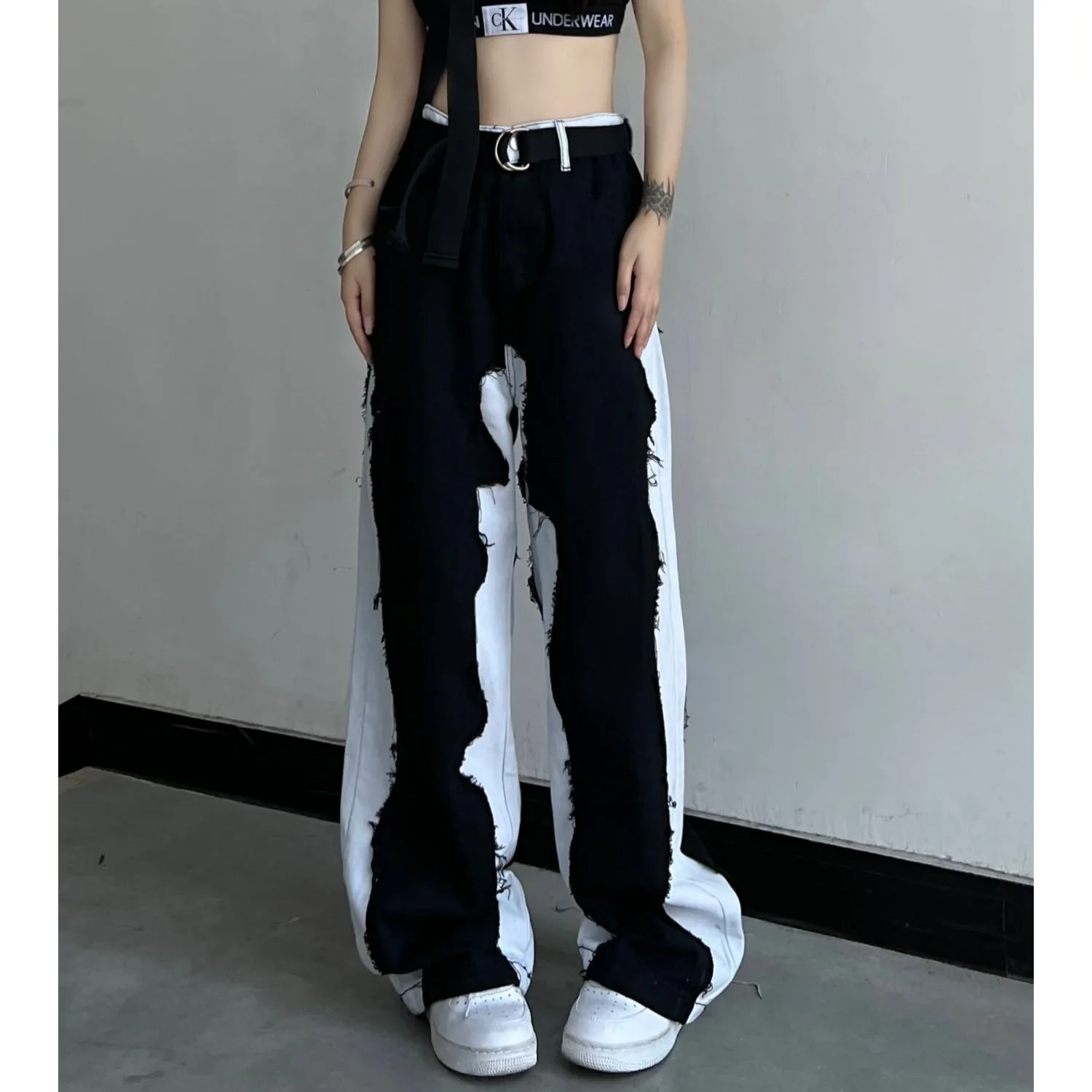 

Y2k Vintage Women Splicing Jeans Streetwear Fashion Cootrast Color Pants Oversize Loose Casual Straight Wide Leg Trousers 2023