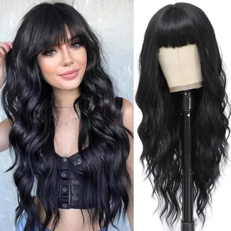 

Black Wig with Bangs for Women Long Black Wavy Wigs 26 Inch Natural Black Wigs N