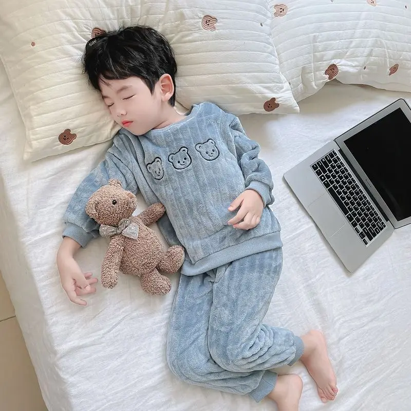

Фланелевые пижамы для мальчиков, зимние термокоралловые флисовые детские комплекты одежды для сна для малышей