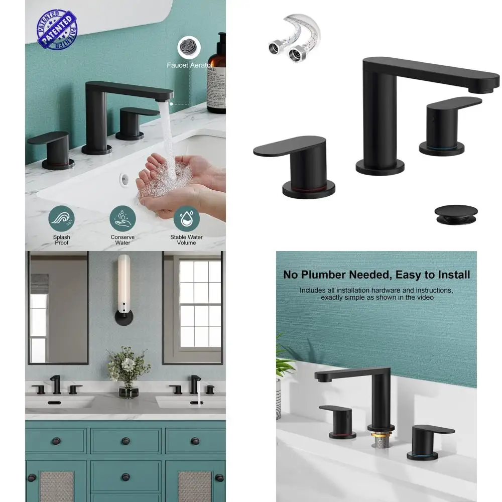 

8 Matte Black 3-Hole Widespread 360° Swivel Spout 2-Handle Bathroom Sink Faucet with Pop-Up Drain & Supply Lines