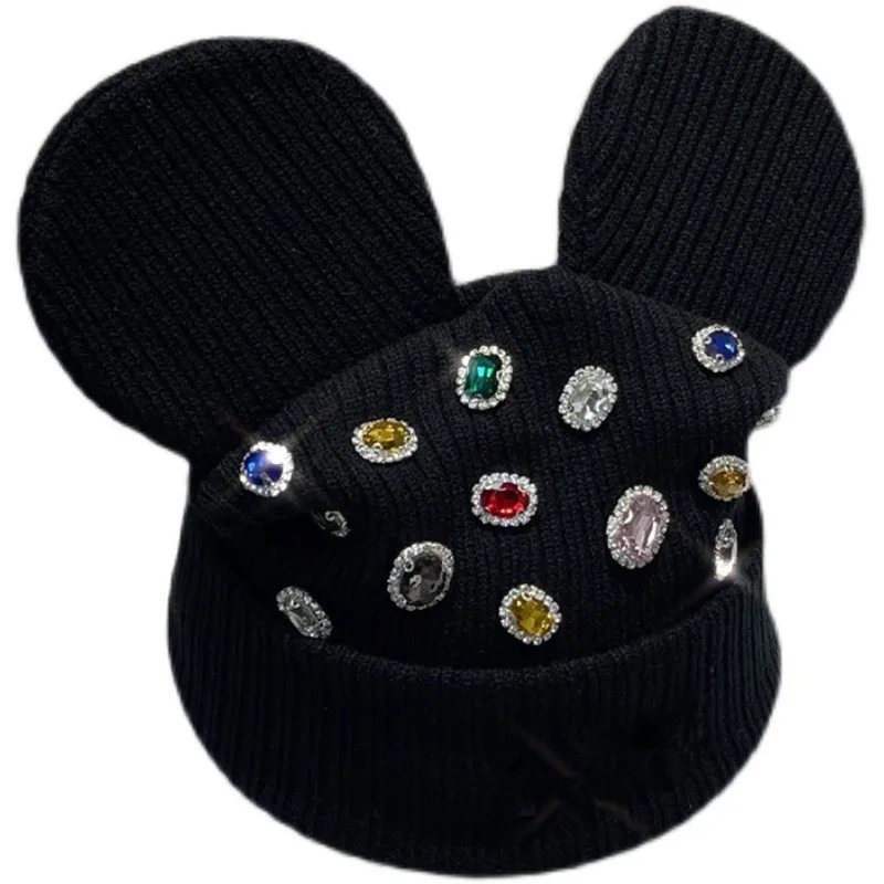Women's Coloured Diamond Autumn-Winter Knitted Hat Woolly Beanie with 3D Mouse Ears Stylish Ear-Warming Cold-Weather Hat