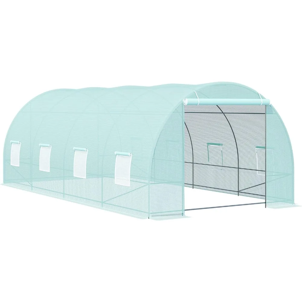 Walk-in Tunnel Greenhouse, Garden Warm House, Large Hot House Kit with 8 Roll-up Windows & Roll Up Door,Steel Frame, Green