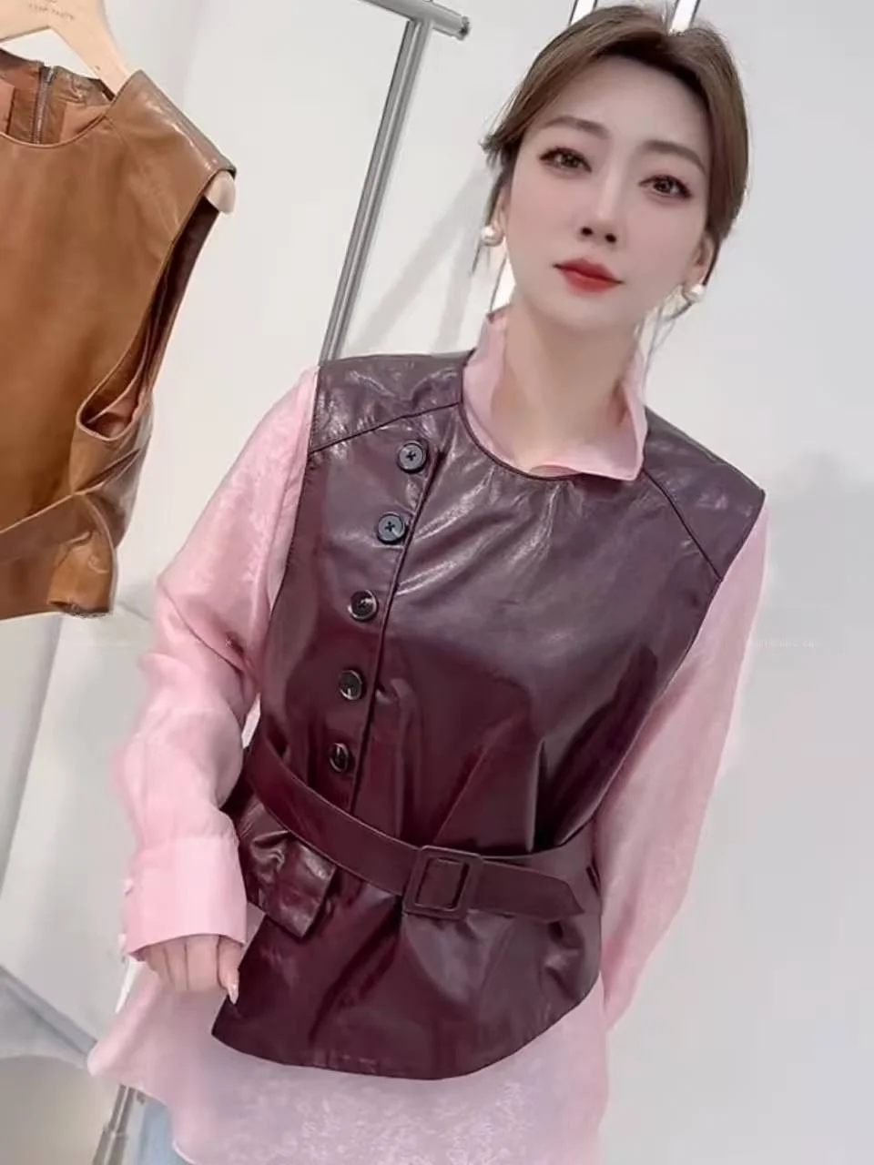 

2025 New Women's Genuine eepskin Leather Vest ort Svel Jaet Slimming Versatile Trendy Commute Sle Autumn Faion