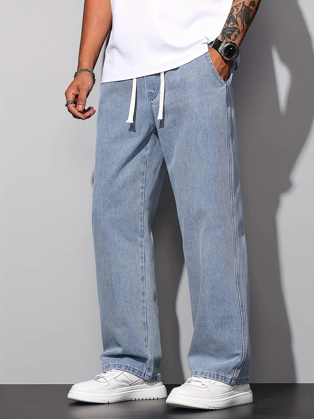 

Men's Straight Leg Jeans Men's Blue Washed Straight Leg Jeans Elastic Waist Drawstring Trendy Urban Style Essential Trousers
