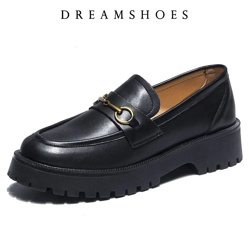 

Новые женские туфли на толстой подошве, весенние износостойкие лоферы с круглым носком и металлической пряжкой на толстой подошве