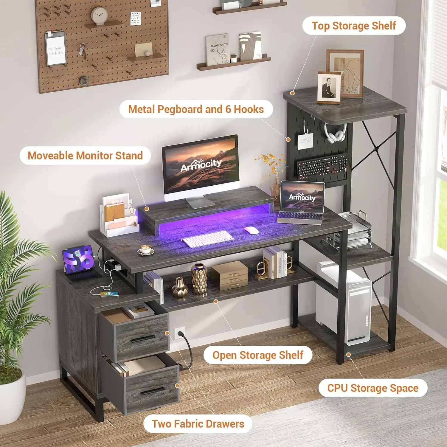 Computer Desk with 2 Fabric Drawers - Power Outlet & LED Lights,Monitor Stand & Storage Shelves