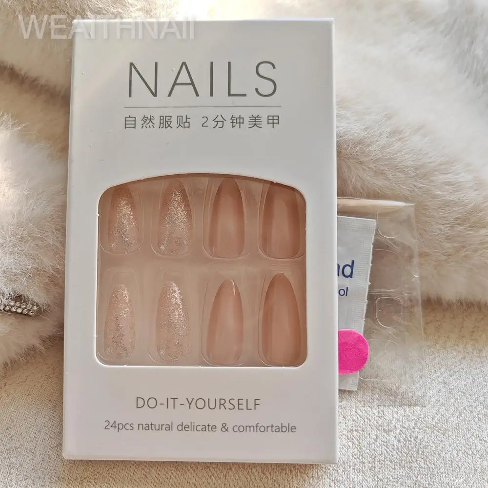 24PCS Acrylic Nail Long French Pressed Powder Full Set Square Spicy Girl Fashion Leopard Pattern Fake Nail Diamond Wearing Nail