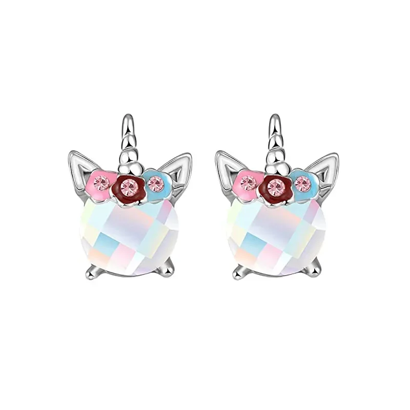 Xingyunday bonito unicórnio arco-íris brincos para crianças meninas colorido zircão animal orelha parafuso prisioneiro moda cor prata jóias presentes