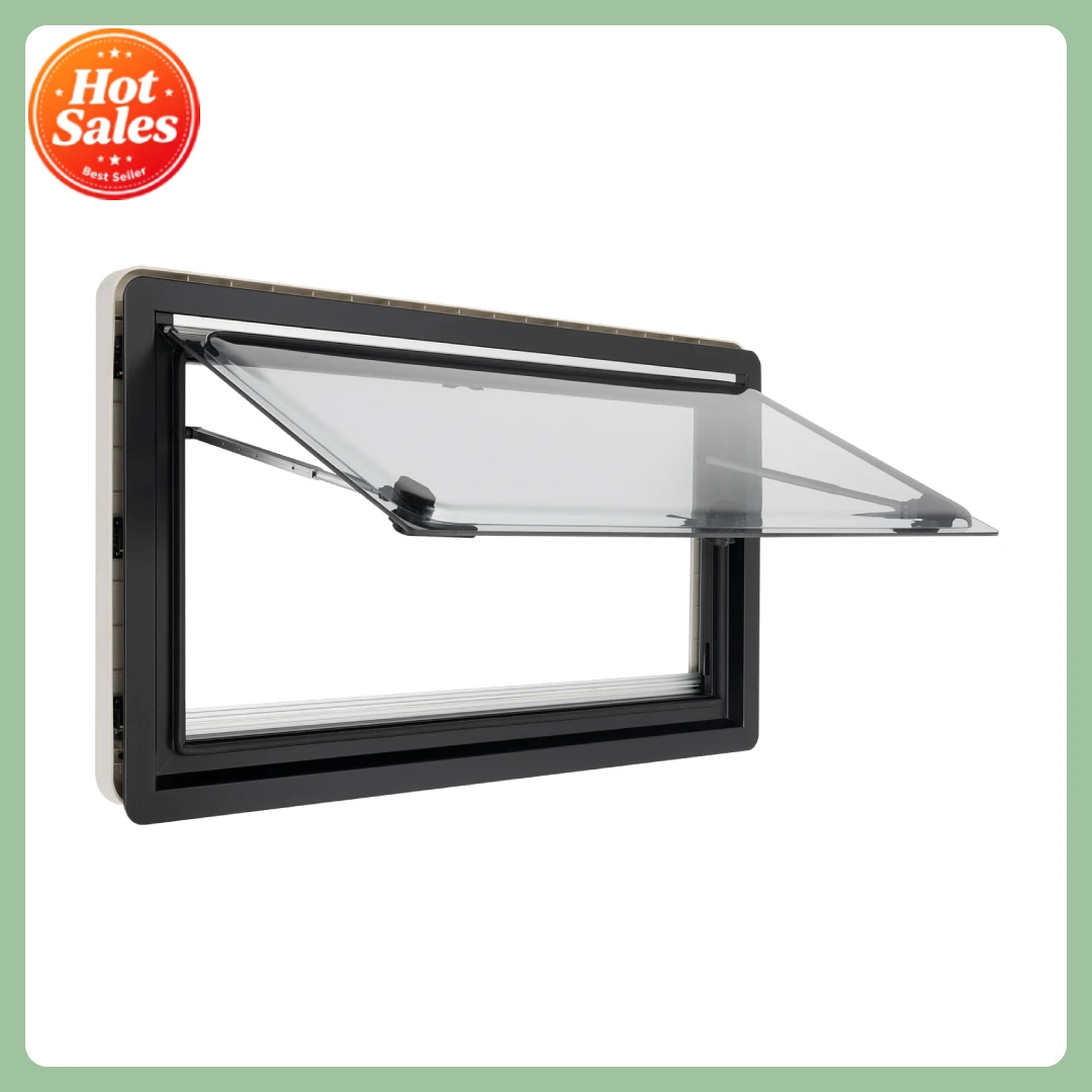 Fenêtre latérale pour camping-car Bymaocar 900x500mm, ventilation à charnières, double couche acrylique, cadre en alliage d'aluminium et ABS, ouverture à 70 degrés, 3 angles réglables, pare-soleil, moustiquaire pour caravane, camping-car, remorque
