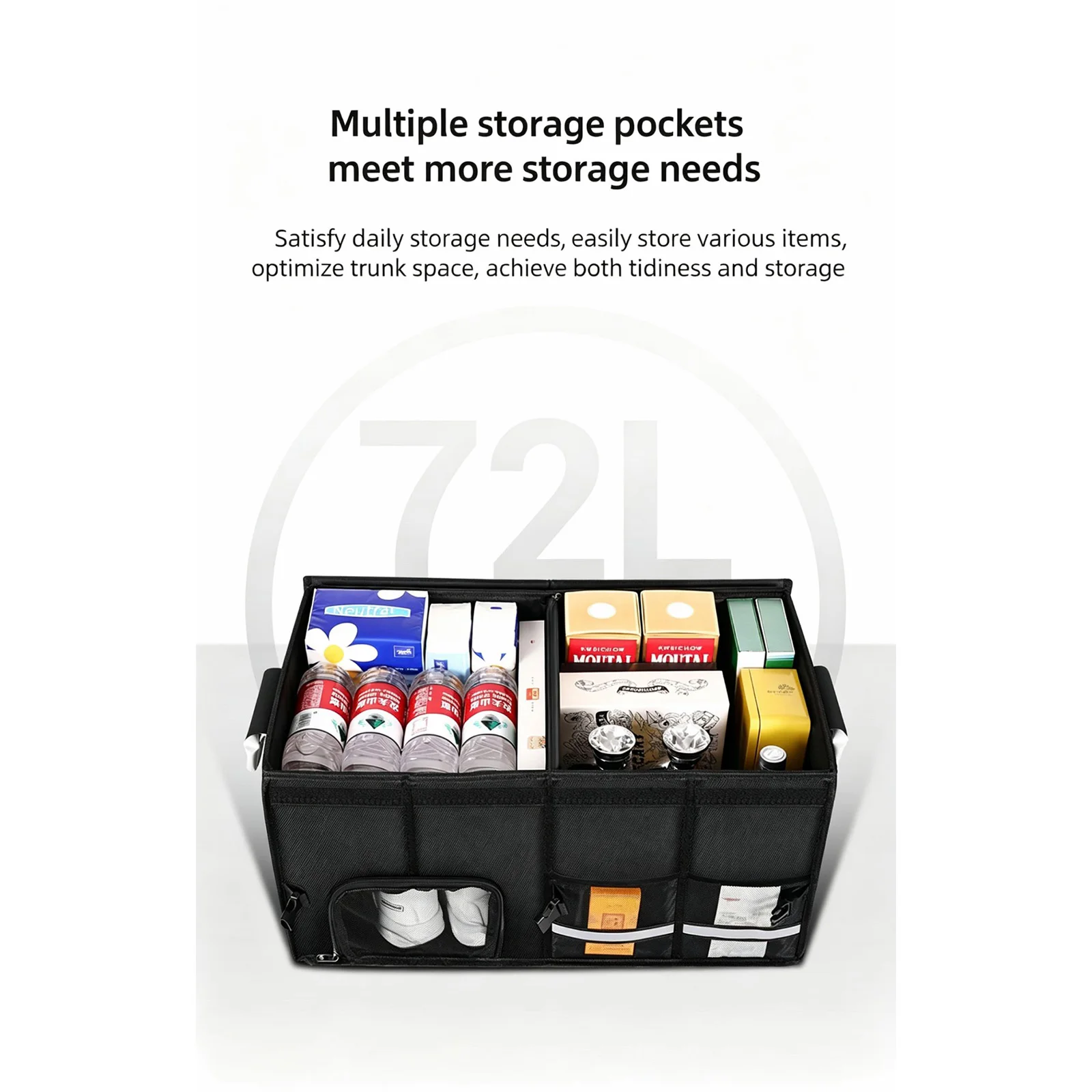 36L 72L 110L Auto-Kofferraum-Organizer Zusammenklappbare Auto-Aufbewahrungsbox Wasserdichter Kofferraum-Organizer mit Deckel & Griff Oxford Cargo Lebensmittel-Transportbox – Detail 6
