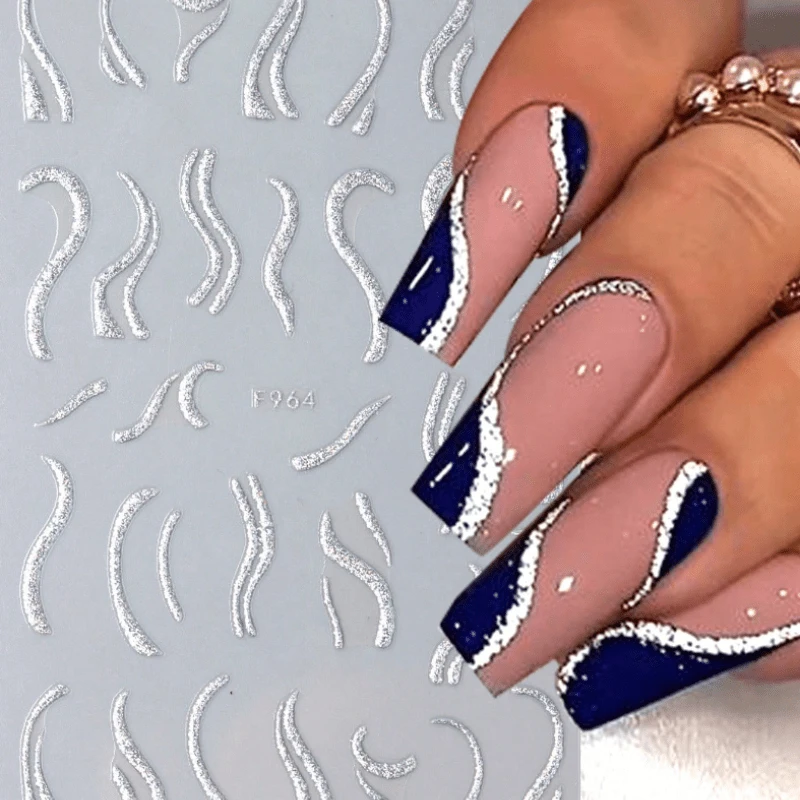Two Sheets of Golden And Silvery Glitter Stripe Nail Art Stickers, Featuring 3D Decals for Swirl Line Designs