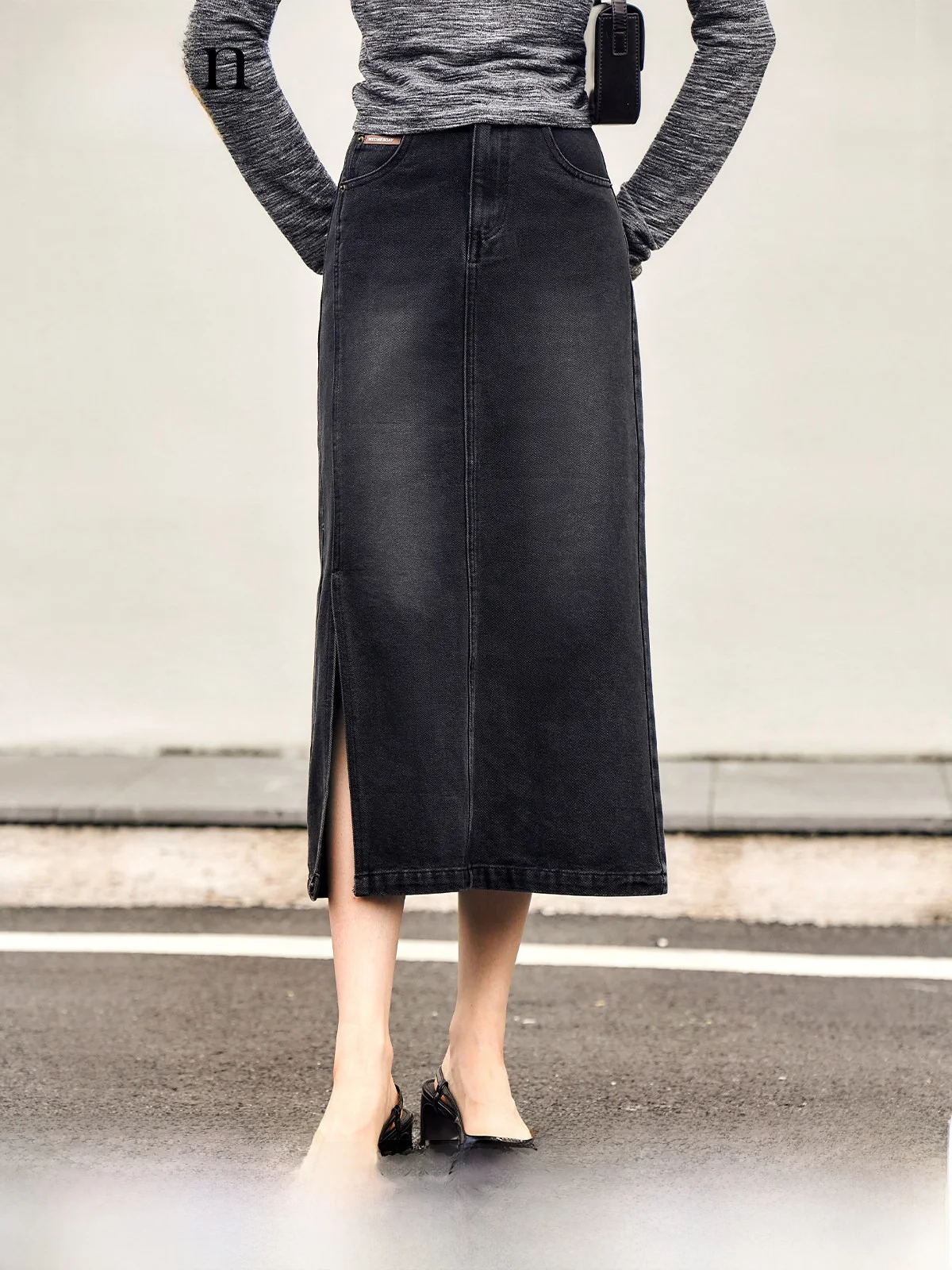 

OLrain Casual Bla Denim Skirt Women's Spring Autumn New Commute Side Split Straight Skirt High Waist Cotton