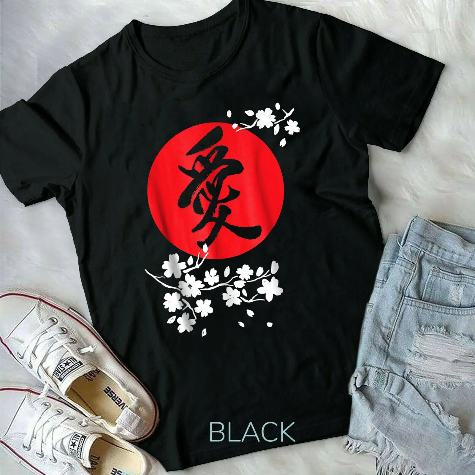 Love Vintage Japanese Kanji and Cherry Blossom Short-Sleeve Unisex T-Shirt