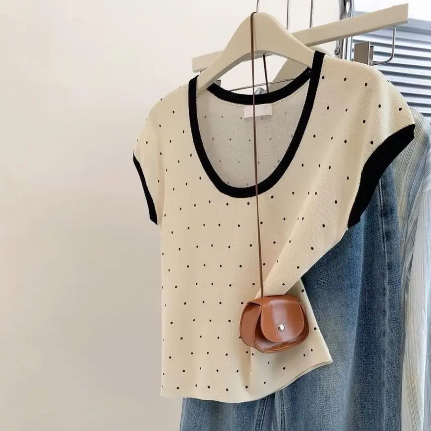 

Summer Knitting Thin Fashion Polka Dot O-neck T-Shirts Ladies All-match Fashionable Patchwork Loose Short Sleeve Pullovers Tops