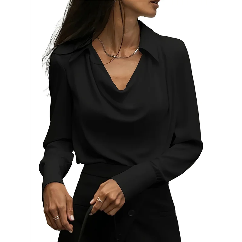 

Женская элегантная атласная шелковая блузка с капюшоном и рюшами спереди, драпированная офисная рубашка с длинными рукавами, топ-A55G