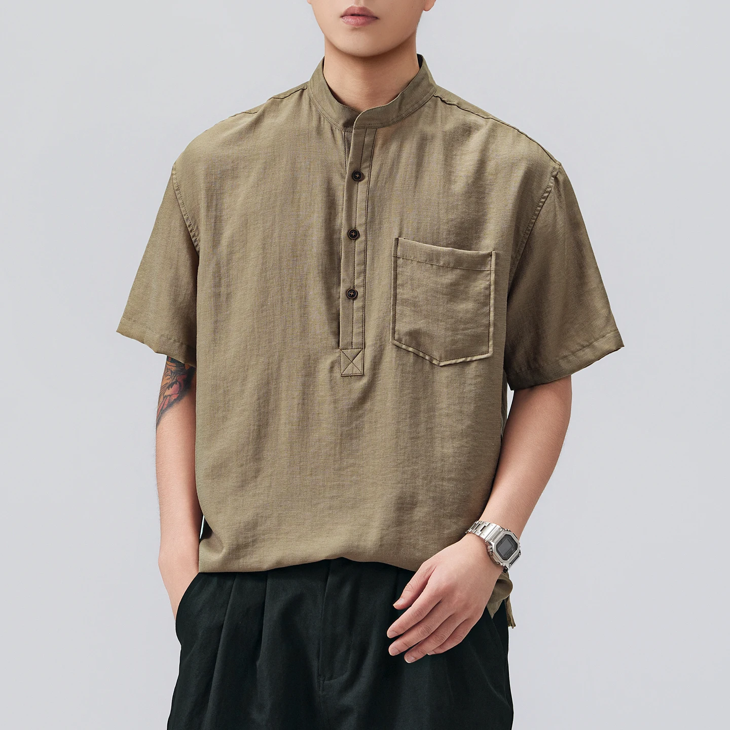 Mens Breathable Polo Shirts T Shirt Pocket Design Simple Short Sleeve Tee Plain Casual Linen Texture