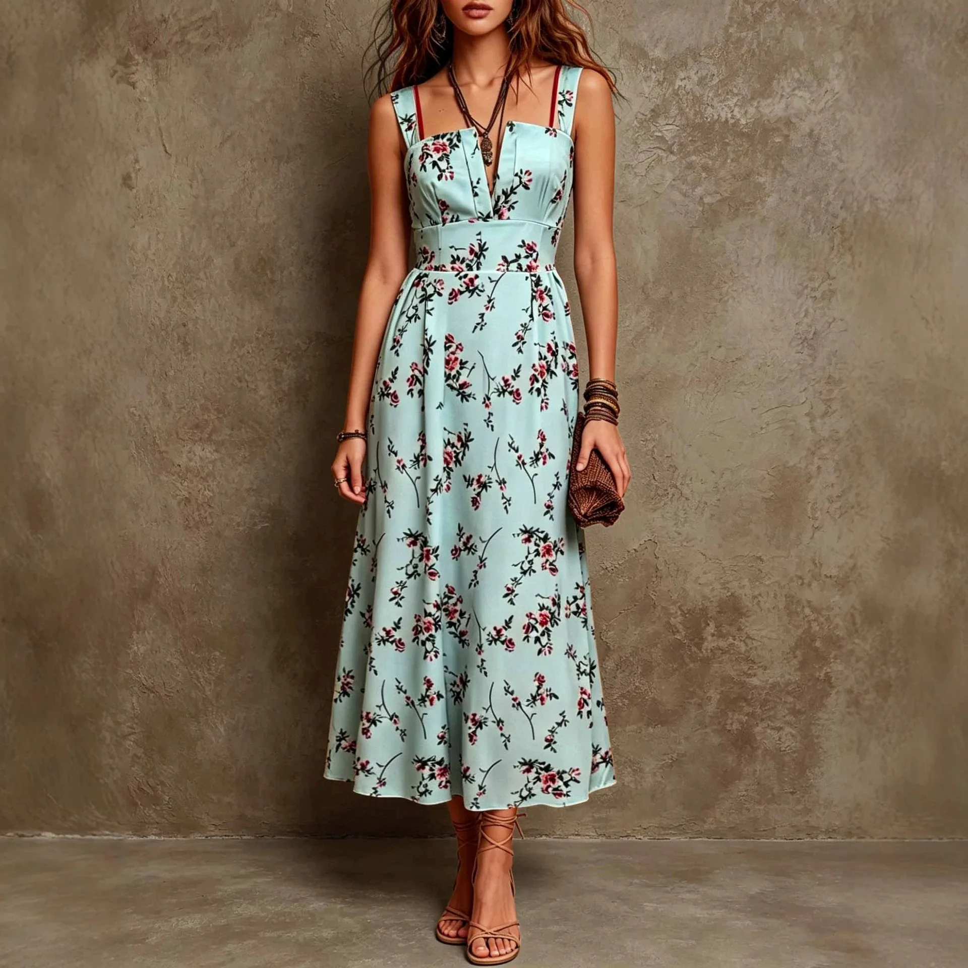 Bohemian Square Neck Printed Dress Dresses Spring Summer Floral Maxi Jumpsuit Playsuit Matching Set 4