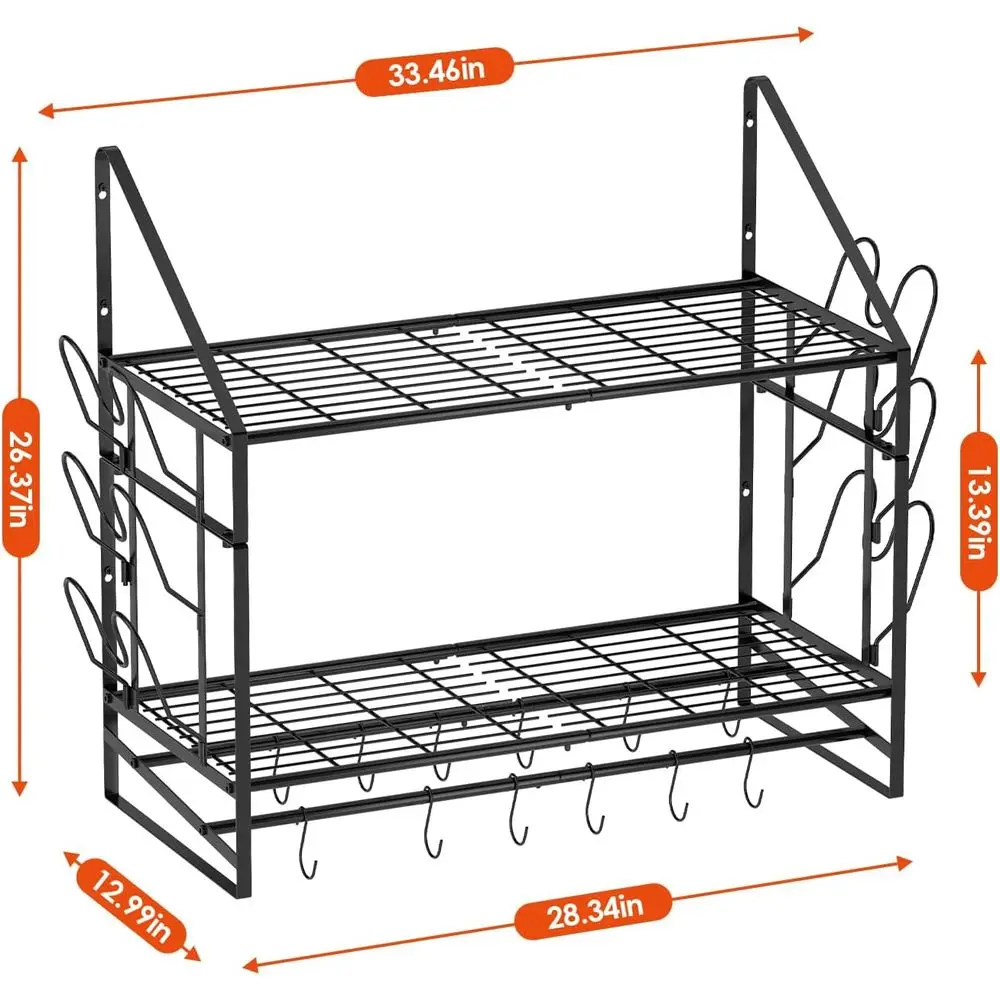 Black 28 Wall-Mounted Pot Rack with 2-Tier Pan Hanger and 12 Hooks, 6 Lid Holders for Kitchen Cookware and Utensils