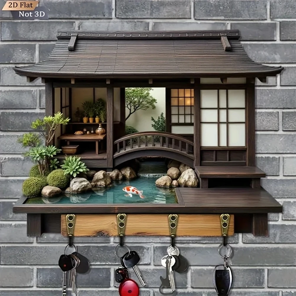 2D Retro Japanese-Style Wooden Key Hook Multi-Functional Home Key Holder for Porch Wall Decoration And Kitchen Storage