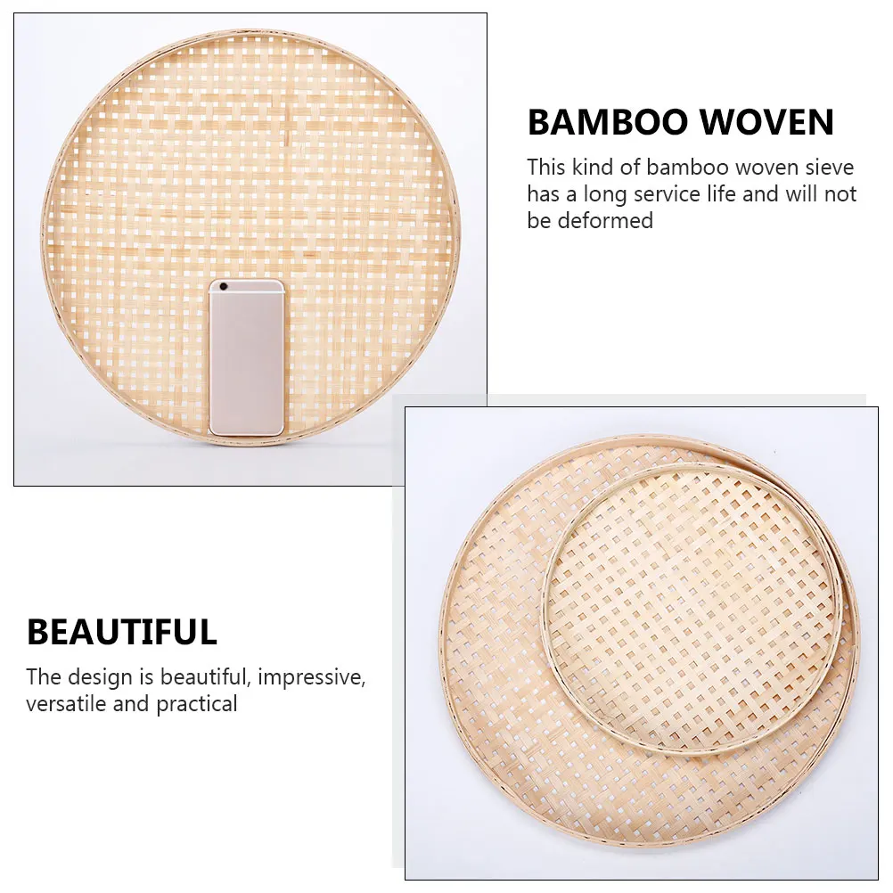 

2Pcs Round Bamboo Sieve Safe Material Storage Holder Versatile Practical Home Decoration Drying Basket