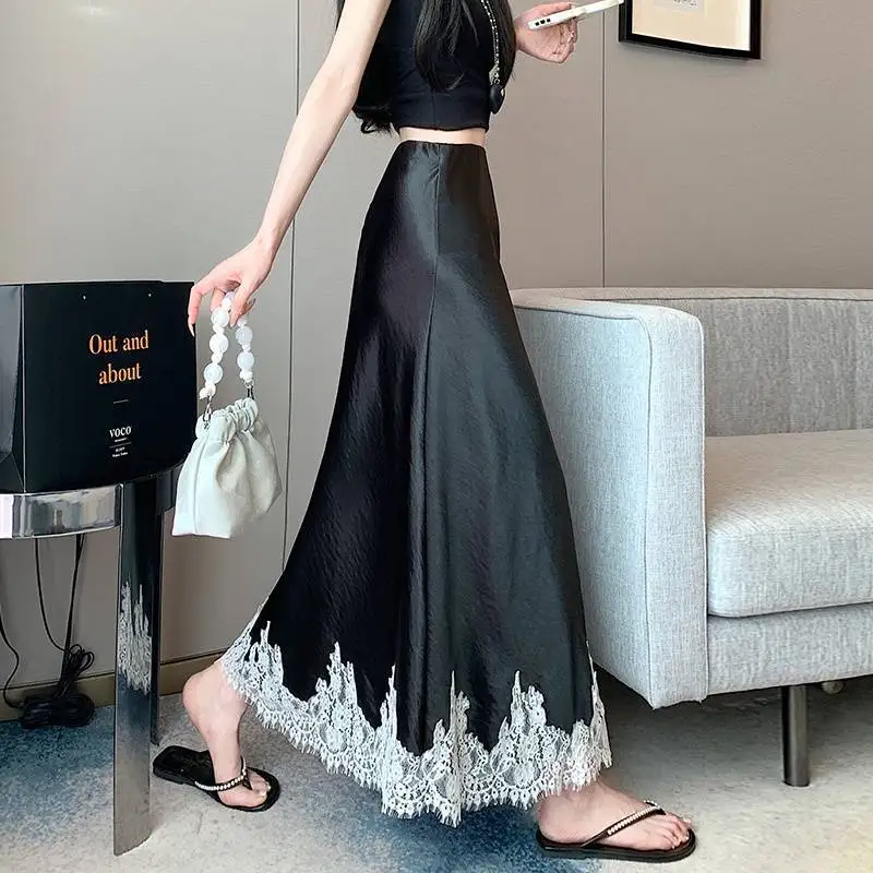 Femmes taille haute dentelle Satin jupes couleur unie été femme élégante enveloppé hanche jupes longues a-ligne dames mode Streetwear