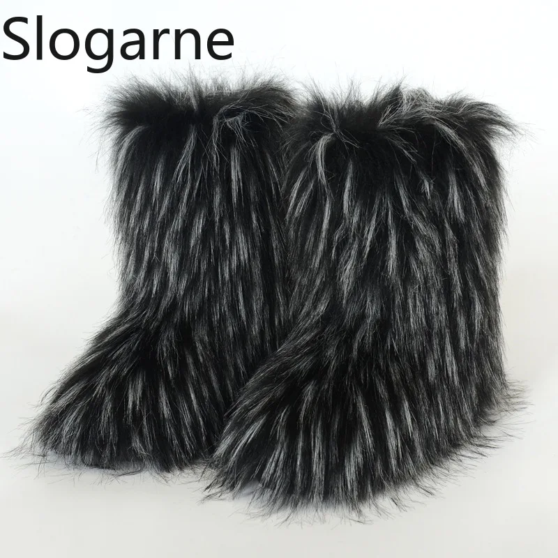2024 Women Winter Fluffy Fur Boots Woman Furry Snow Boots Plush Warm Outdoor Footwear Girls Luxury Faux Fox Fur Platform Shoes