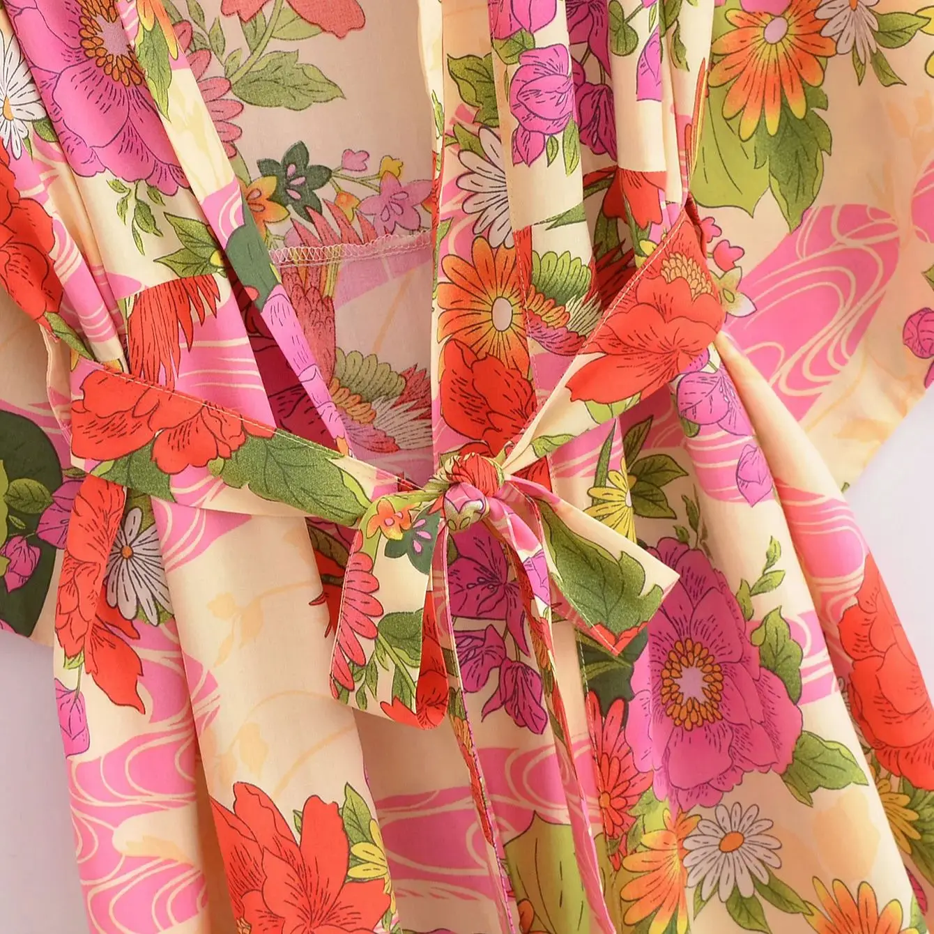 2024 BOHO Orange Flower Bird Print Long Kimono Shirt Ethnic Lacing up Sashes Midi Long Holiday Cardigan Robe Loose Blouse Tops