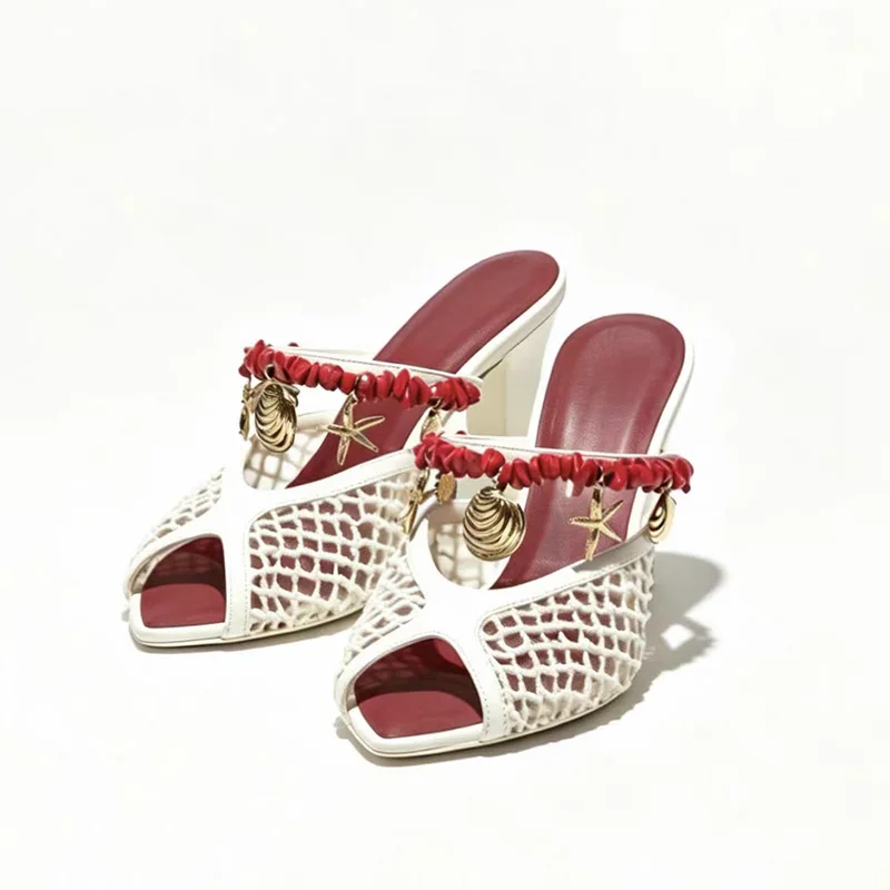 Women Mesh Peep Toe Mule Slippers Summer Beach Sea Shell Starfish Pendant Red Beaded Strap Slide Sandals Holiday Casual Shoes - view 6