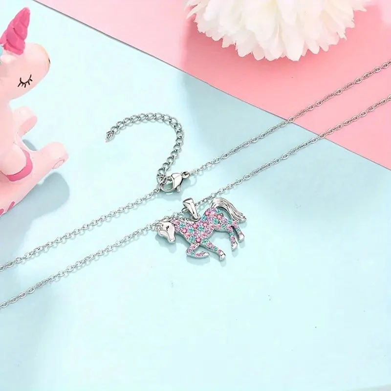 Cute Colorful Crystal Unicorn Horse Pendant Necklace For Girls Boys Children Jewelry Gifts