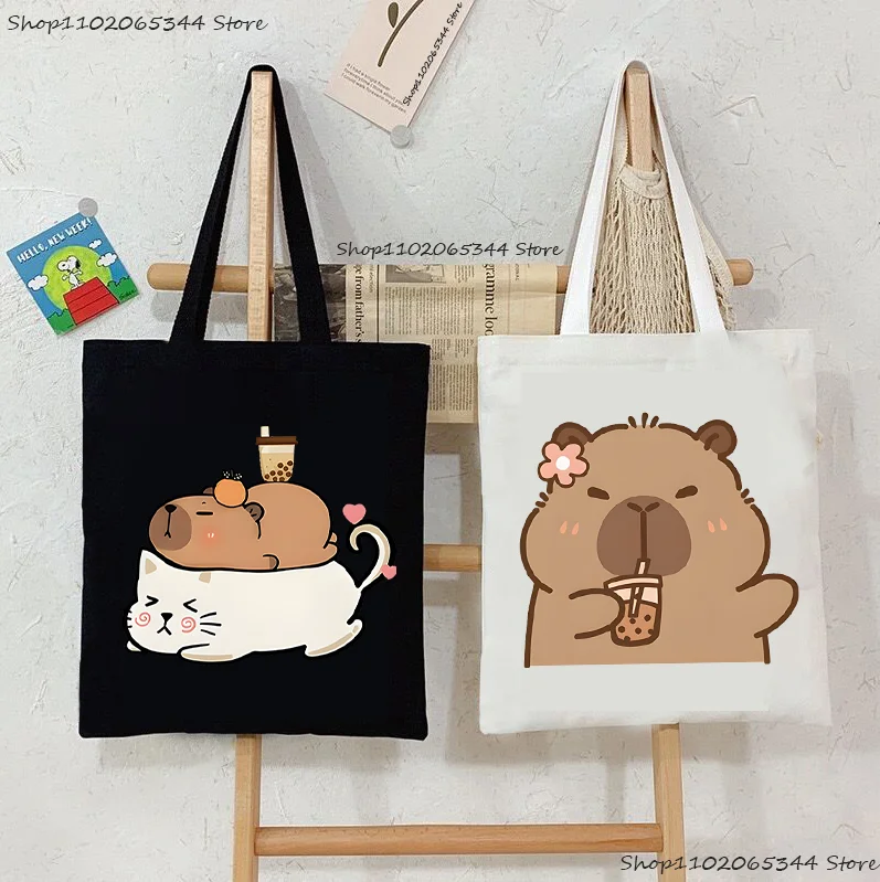 Cute Capybara Drinking Boba Canvas Tote Bags Cartoon Capybara Women's Handbags Student Reusable Grocery Shoulder Bag Gifts
