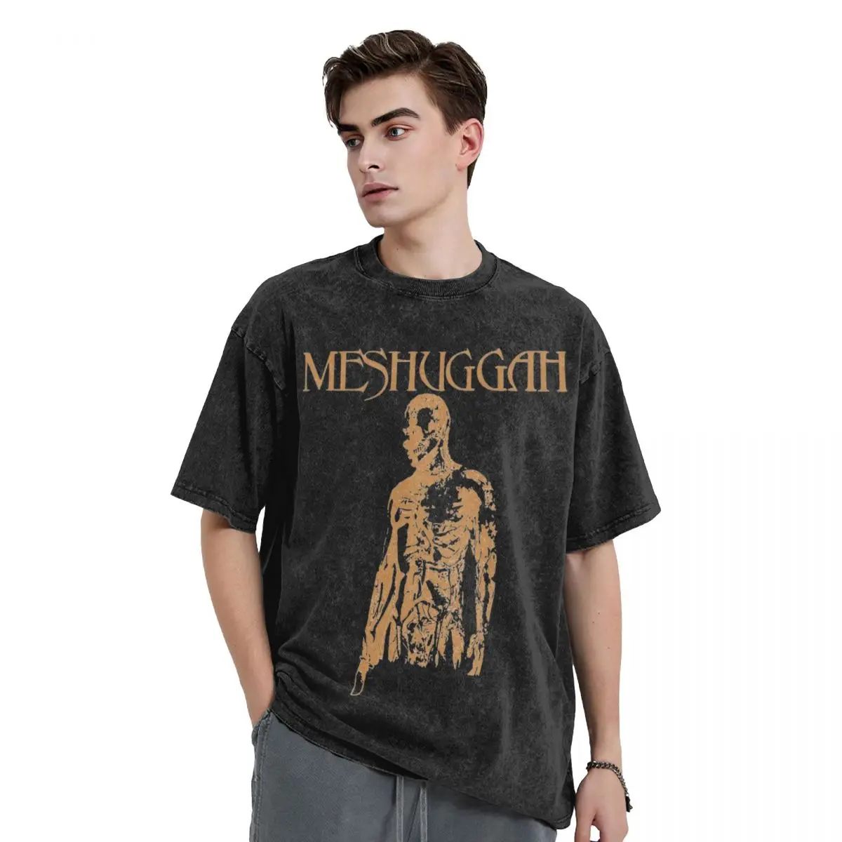 Meshuggah Orange Burning Man Washed T Shirts Streetwear Hip Hop Cool T-Shirts Tees Tops Men Women Short Sleeve Oversize Summer