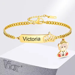 Vnox Free Enraving Name Bracelets for Baby Girls Newborns,Crown Cute Bear Charm Bracelets,Adjustable Stainless Steel Custom Gift