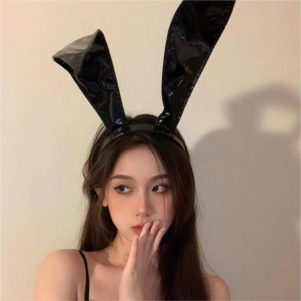 Fashion Sexy Bunny Ear Headband PU Cool Halloween Decorative Headband Black Elastic Rabbit Ear Headpiece Daily Wear