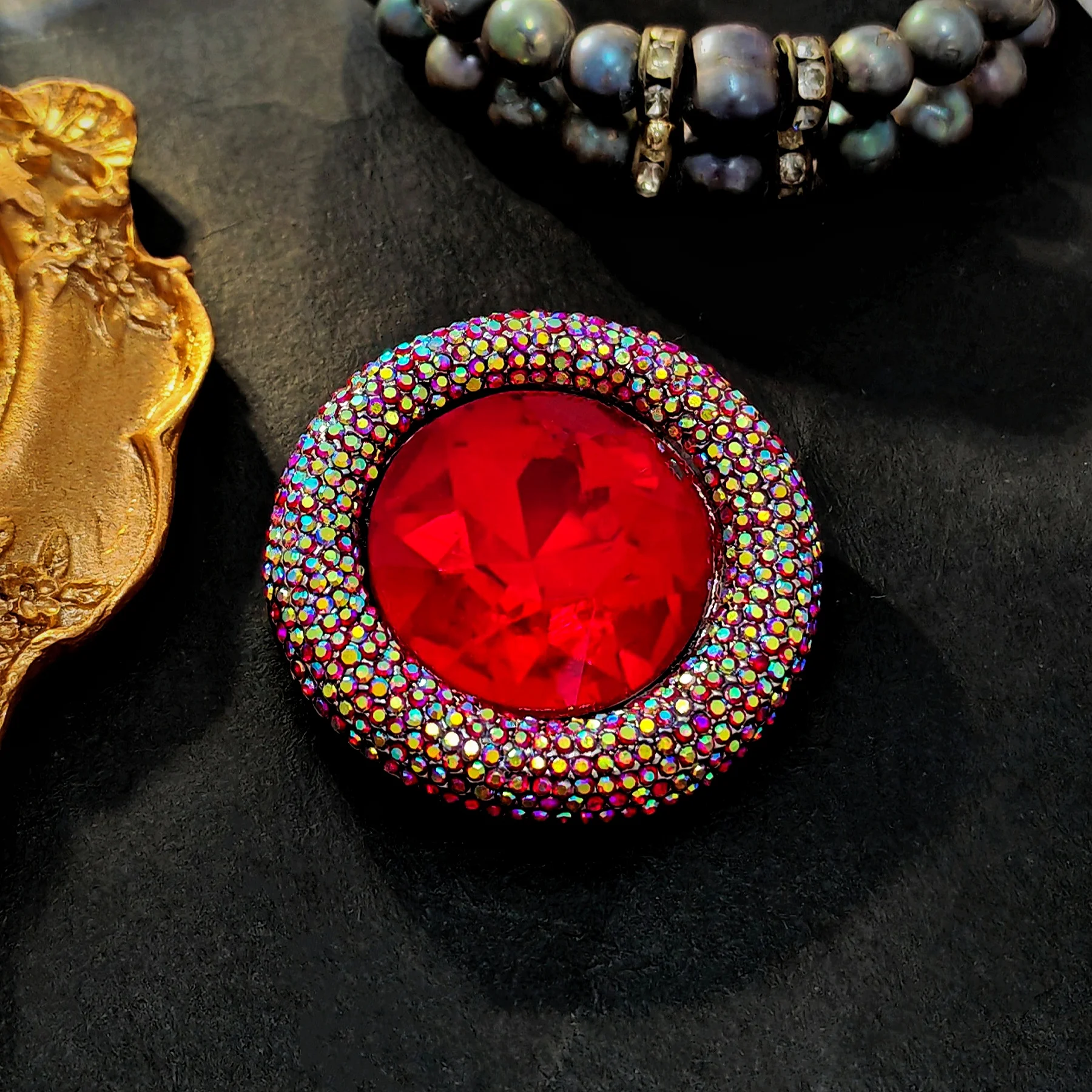Stunning AB Aurora Borealis Red Rhinestone Round Pin Brooch Vintage Statement Jewelry image 2