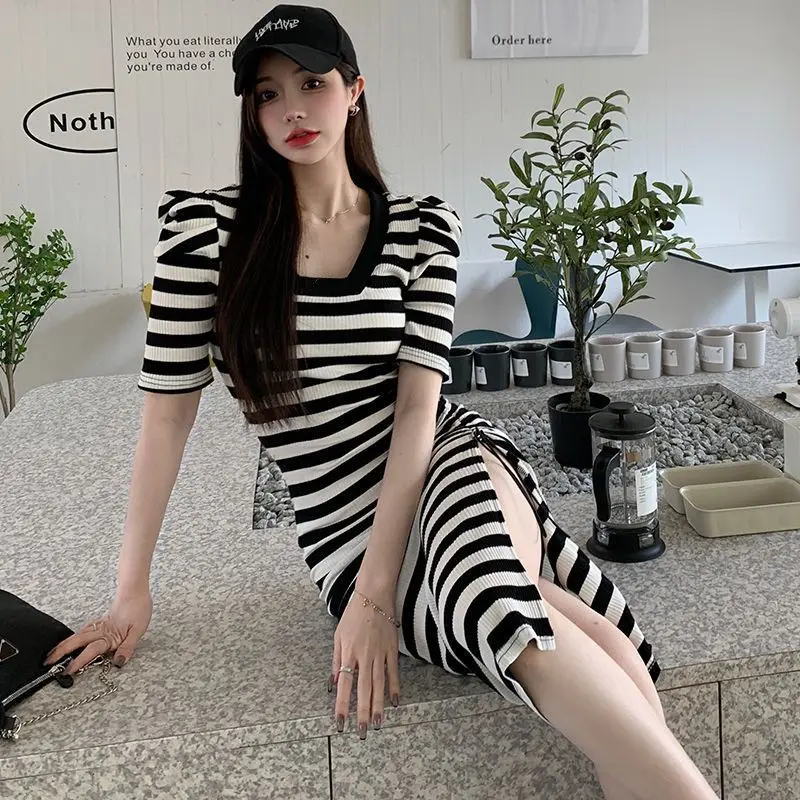 

Summer Long Casual Striped Dress Sexy Women Bubble Sleeve Split Drawstring Pullover Fashion Female Clothing U270