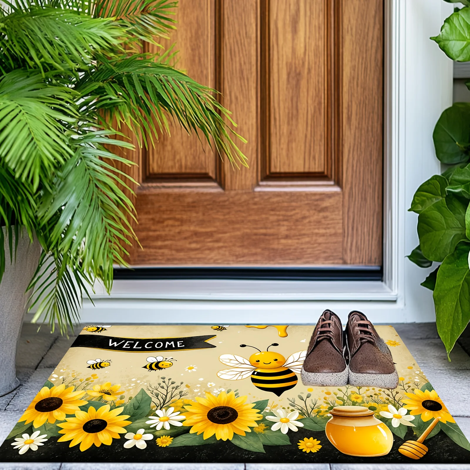 2D Flat Cute Bees Sunflowers Honey Welcome Text Flannel Door Mat Non Slip Summer Garden Rug For Entryway Front Porch Floor Decor