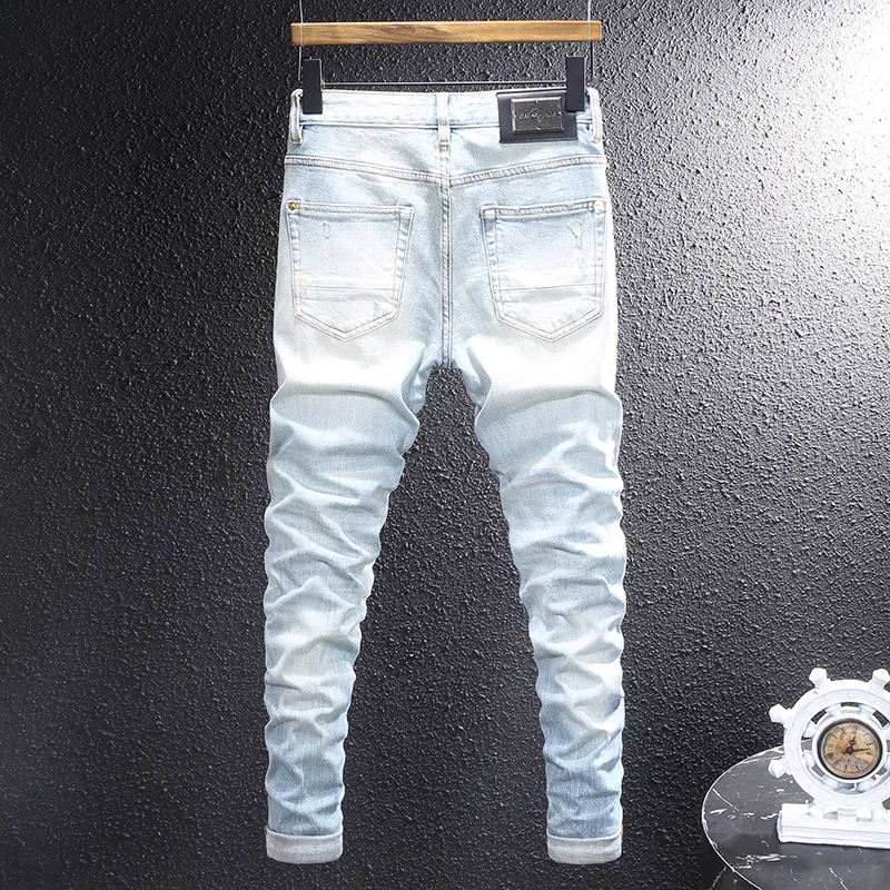 Alta rua moda masculina jeans retro luz azul estiramento fino rasgado jeans masculino buraco remendado designer hip hop calças jeans vintage