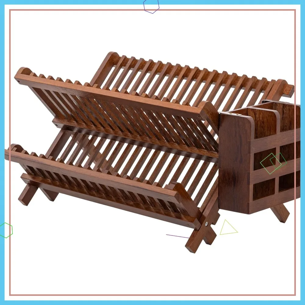 

Folding 2-Tier Teak Dish Drying Rack with Utensil Holder, Collapsible Drainer for Kitchen Space Saving